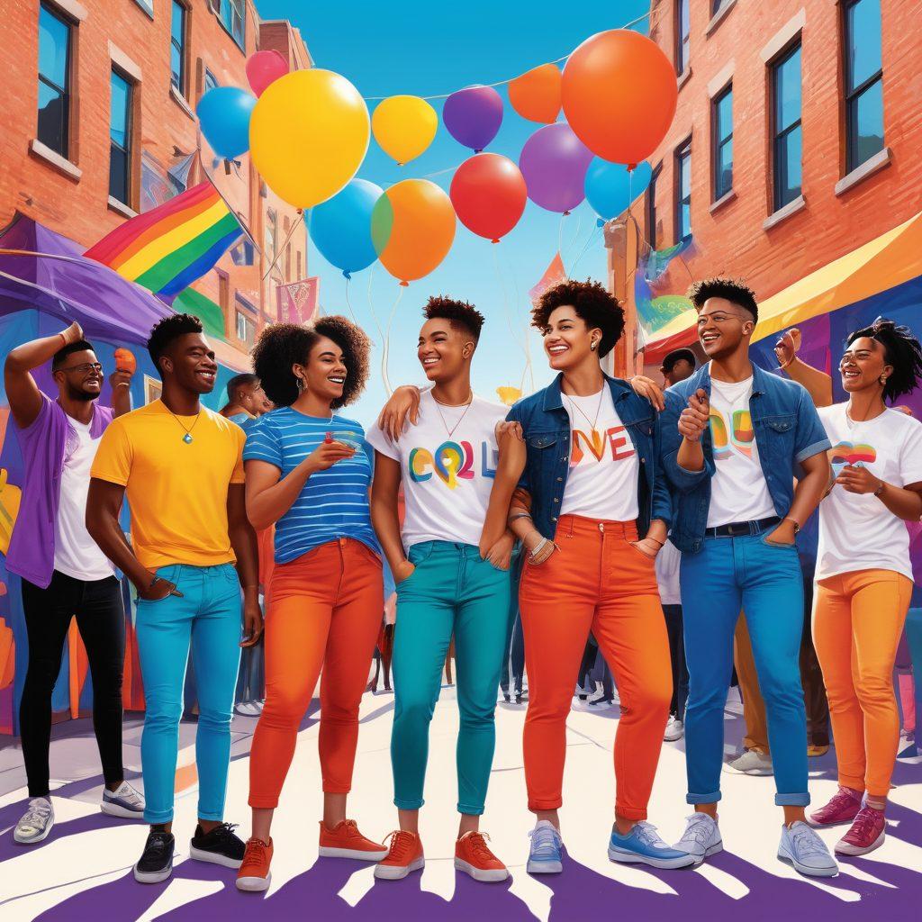 A vibrant illustration showcasing a diverse group of queer individuals engaged in dynamic networking activities, with colorful banners and symbols of love representing the LGBTQ+ community. The setting is a lively urban environment filled with art and music, emphasizing connection and attraction. Include elements like stylish clothing, joyful expressions, and creative conversation bubbles. The color palette should be bold and inviting, capturing the essence of celebration and partnership. vibrant colors. contemporary art style.