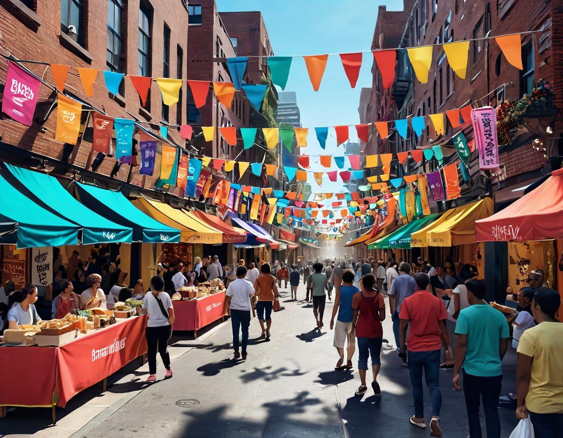 A vibrant city street filled with diverse groups of people celebrating together, featuring colorful banners and inclusive signs. Showcase a blend of cultural performances and joyful interactions, with art installations that symbolize empowerment. Add elements like food stalls and live music, creating a festive atmosphere. Highlight various textures and architectural styles of urban spaces blending into the scene. super-realistic. vibrant colors. 3D.