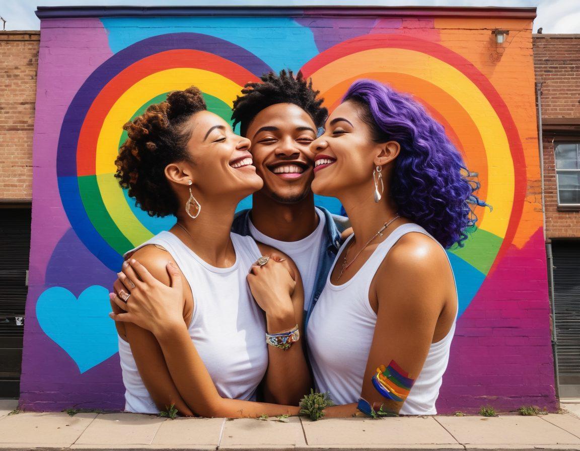 A vibrant, colorful mural depicting diverse LGBTQ+ individuals joyfully connecting and celebrating together. Include symbols of empowerment, such as rainbow flags, hearts, and uplifting affirmations. Capture expressions of love, friendship, and unity in a dynamic urban setting. The overall atmosphere should radiate positivity and inclusion. vivid colors. street art style. upbeat vibe.